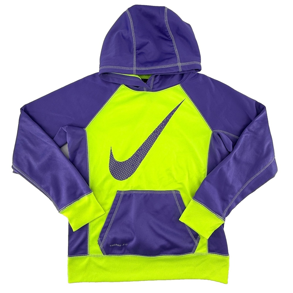 Nike Therma Fit Hoodie Youth Large Purple Neon Swoosh Athletic Pullover